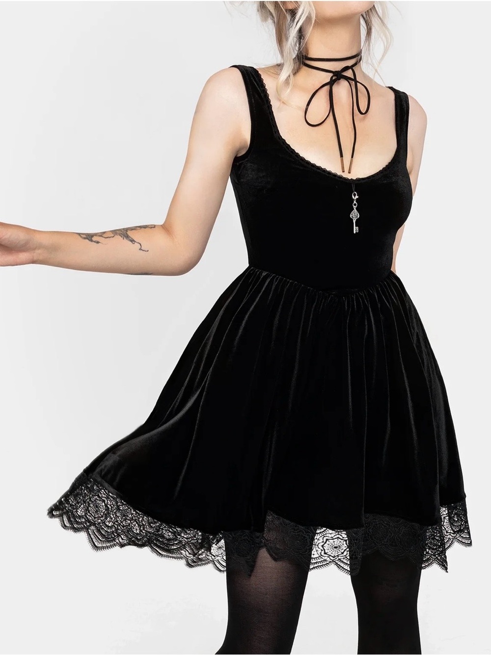 **SOLD** Disturbia Black Velvet Lace Trim Mini Dress